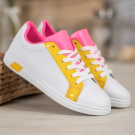 Ideal Shoes Trendiga sneakers med ekoläder vit orange rosa mångfärgad gul 1