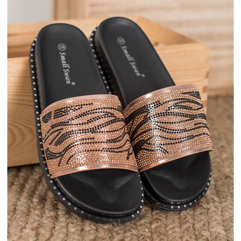 SHELOVET Trendiga tofflor med cubic zirconia brun gul 1