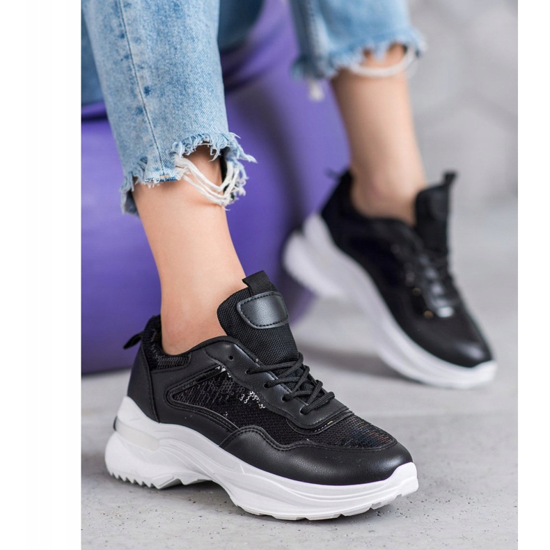 SHELOVET Trendiga sneakers med paljetter svart 2