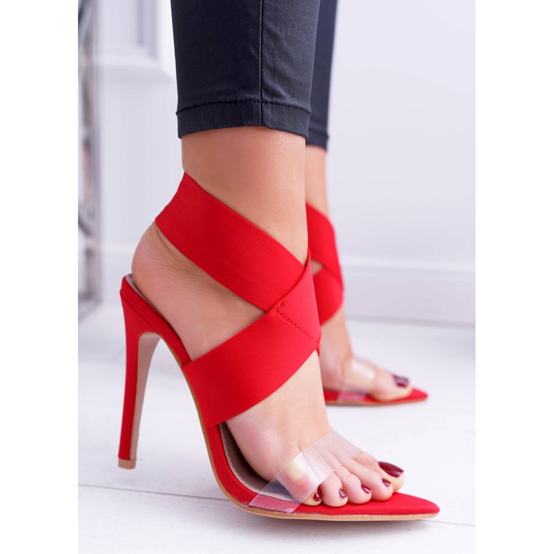 L.DAY Kvinnors sandaler på hög klack med ett brett band röda lampor 1