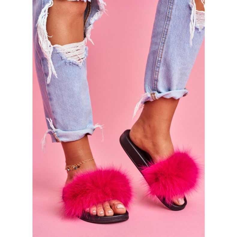 Tofflor för kvinnor med naturlig päls Fuchsia Naturis rosa 1