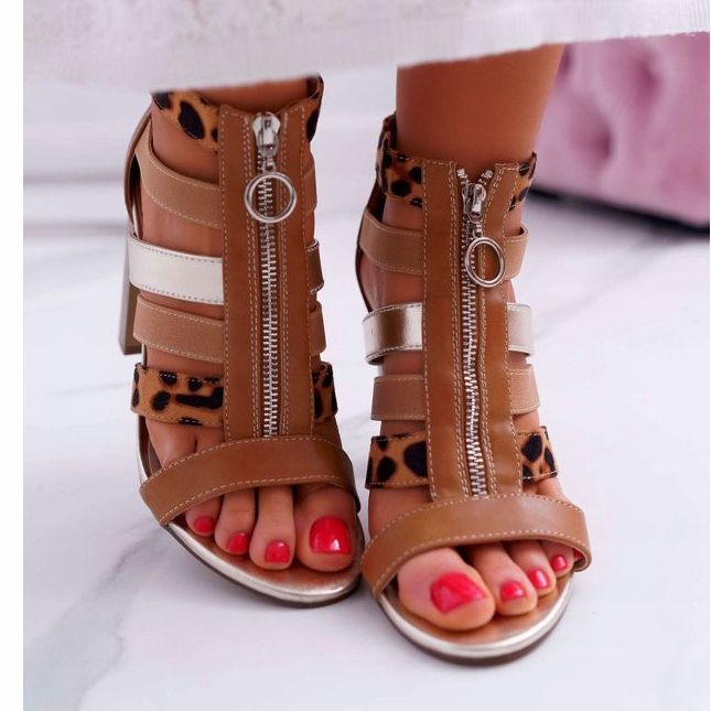 FE1 Kvinnors sandaler på hälen Elegant dragkedja på framsidan av Rahel brun 2