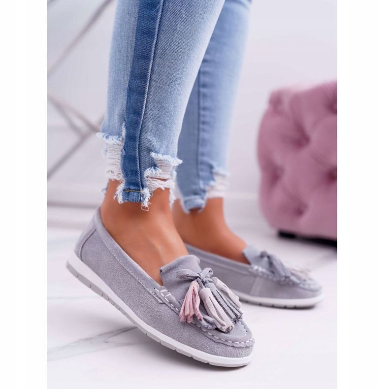 EVE Damskor, mockaskinn med fransar, grå batist 1