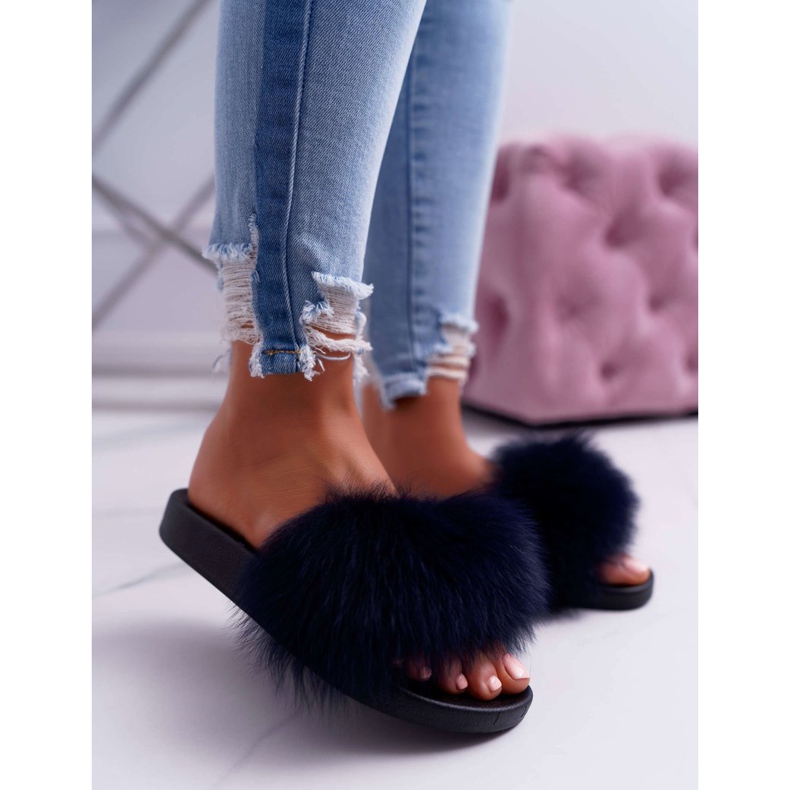 Dam tofflor med naturlig päls Naturis marinblå 1