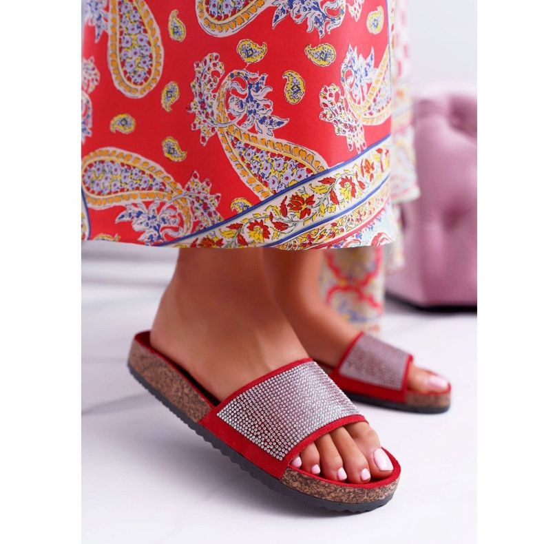 PS1 Kvinnors tofflor på kork med kristaller röd 1