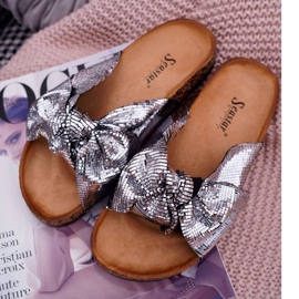 PS1 Tofflor för kvinnor med silverfärgad rosett grå 1