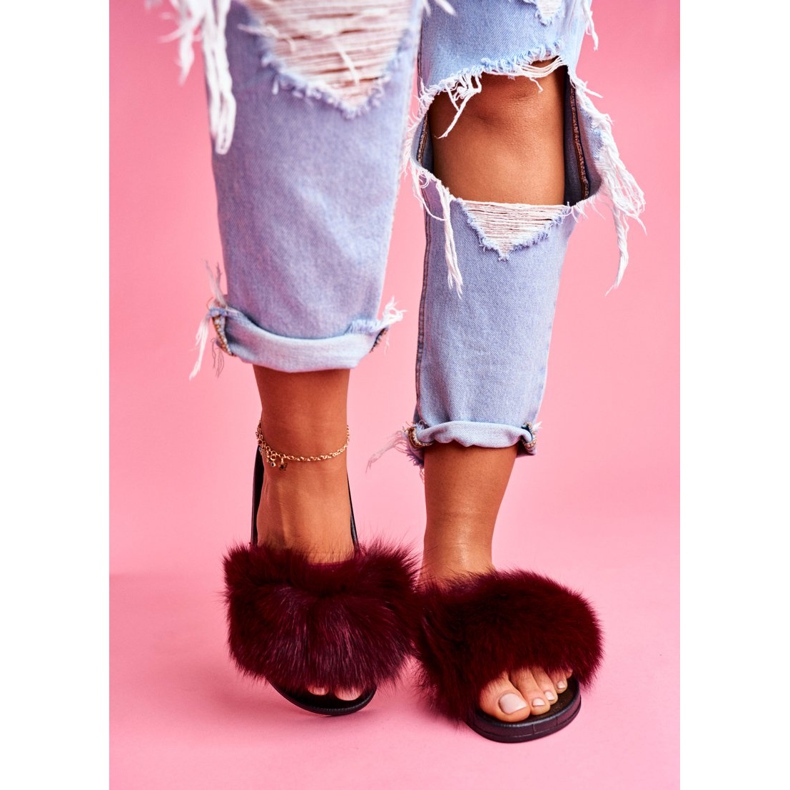 Tofflor för kvinnor med naturlig päls Mörkröd Naturis 2