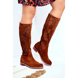Kvinnors höga stövlar Maciejka Leather Openwork Camel 04525-29 brun 1