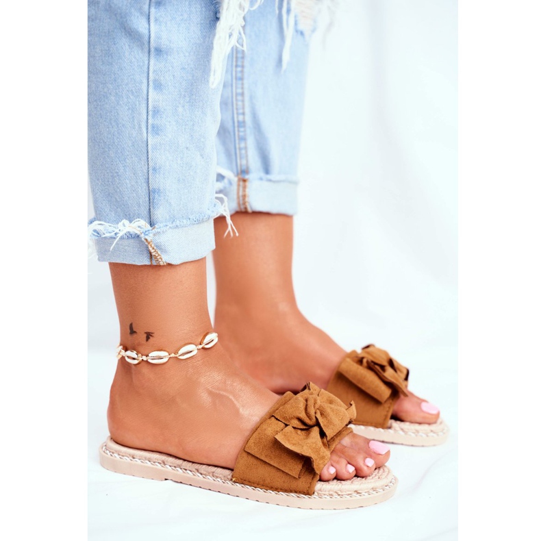 FRJ Kvinnors tofflor med en rosett kamel lycka brun 2