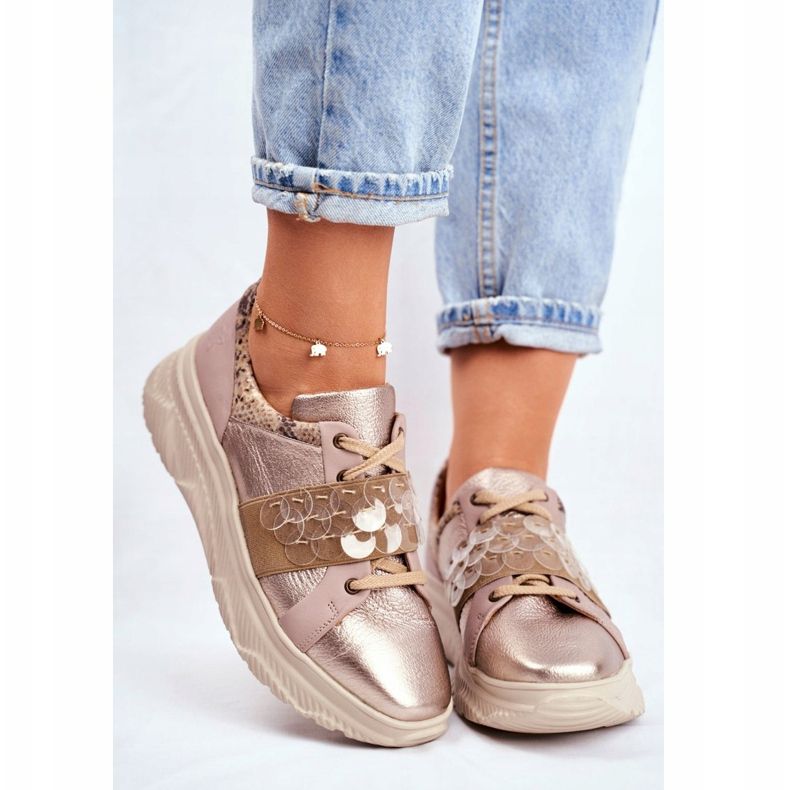 Sportskor Kvinnors lädersneakers Maciejka 04448-25 beige mångfärgad gyllene 2