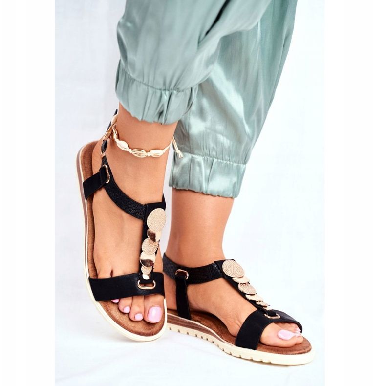 EVE Platta svarta damsandaler med Milton -dekorationer 2