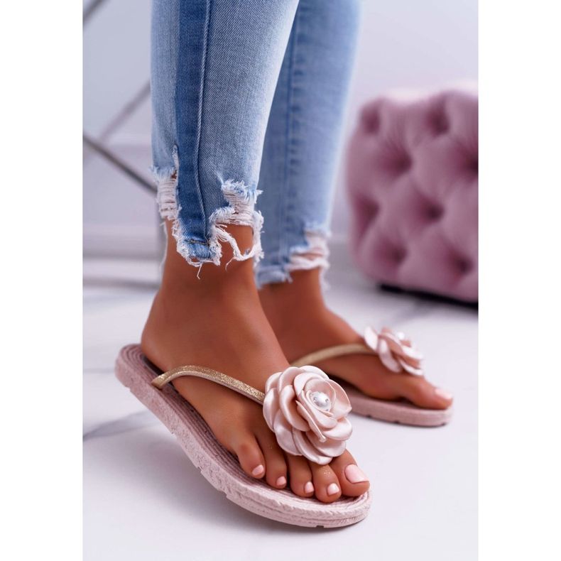 Dam Tofflor Flip-flops Beige Flower Glitter Elenda 1