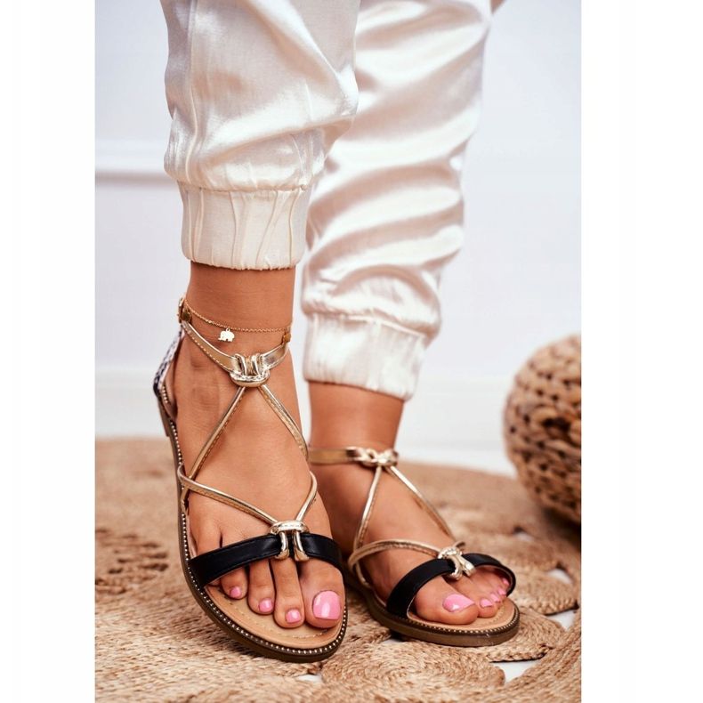 S.Barski Sandaler för kvinnor Flat Black and Gold Barski Samim svart gul 1