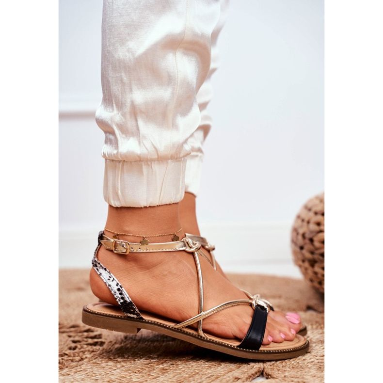 S.Barski Sandaler för kvinnor Flat Black and Gold Barski Samim svart gul 2