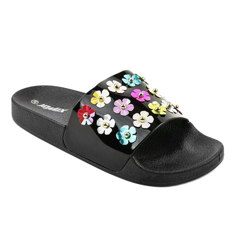 Svarta tofflor med blommor D7659-1 1