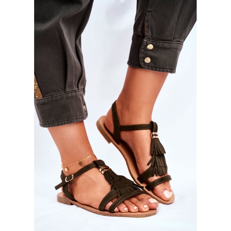 FJ1 Sandaler för kvinnor Flat Suede Boho Olive Lucami mångfärgad grön 1