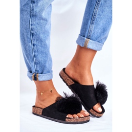 MSMG Kvinnors svarta tofflor på kork med Pompom Galaxo 1