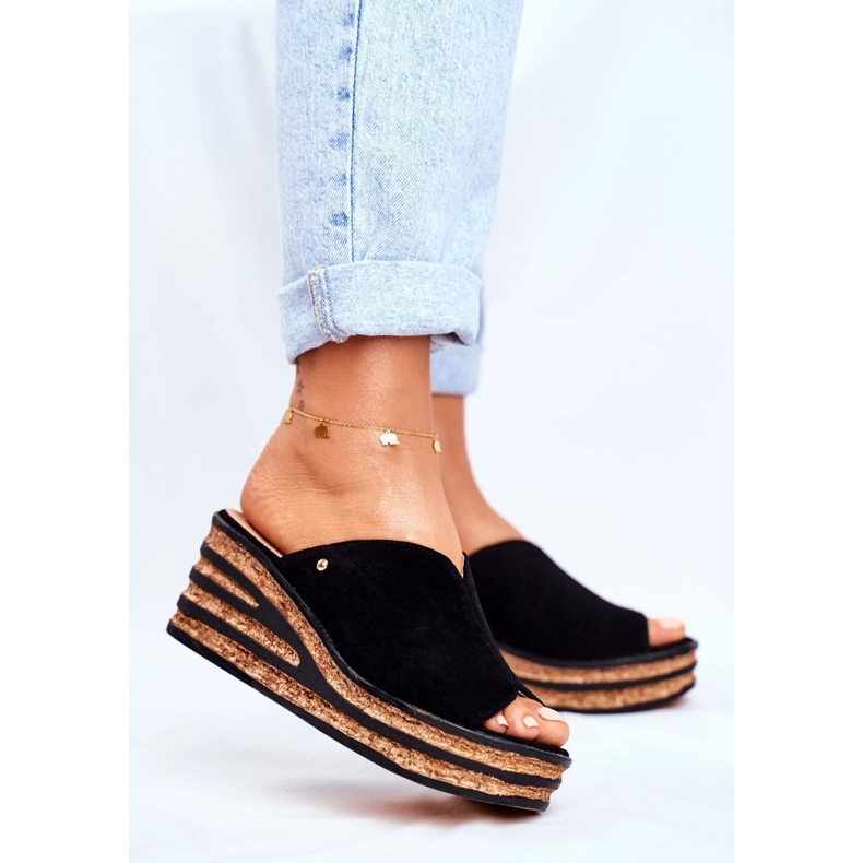 Kvinnor läder tofflor på kil Nicole 2559 Black Lemonade svart 1