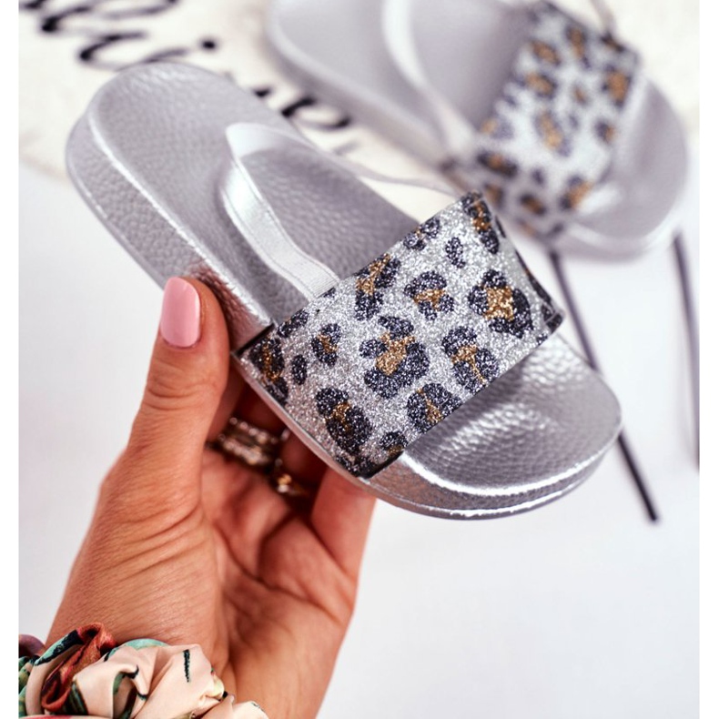 FRROCK Barnflickas tofflor Brocade Leopard Silver Rimia grå 2