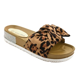 Casual leopard tofflor med rosett LW-10 brun 1