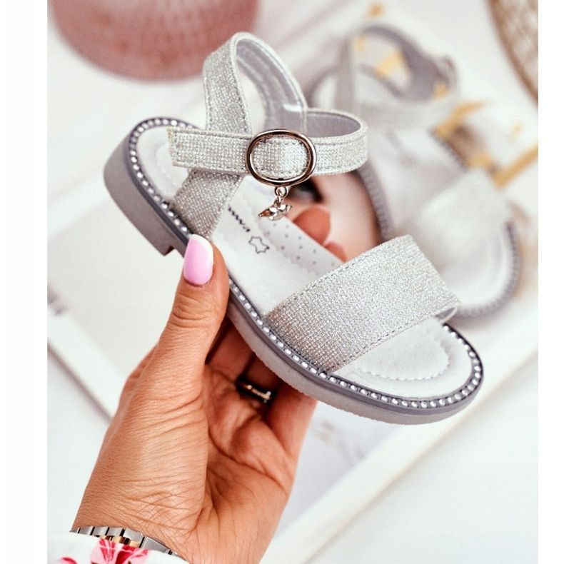 Apawwa Barnsandaler med kardborreband Silver Brocade Verden grå 1