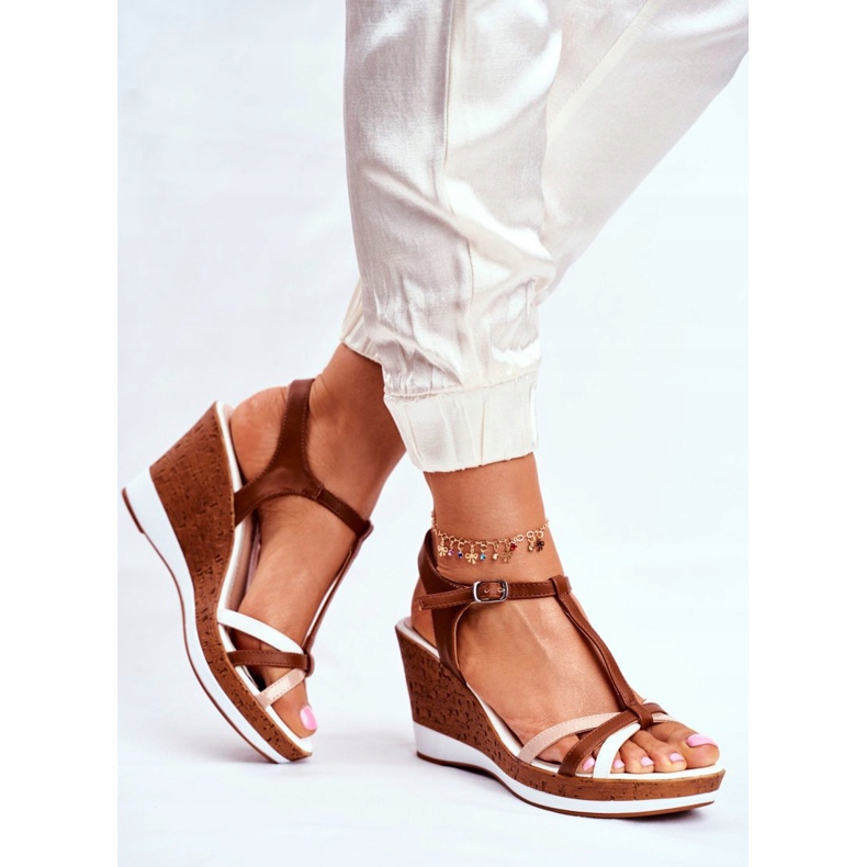 Kvinnors sandaler på kilen Sergio Leone Brown SK308 vit brun 2