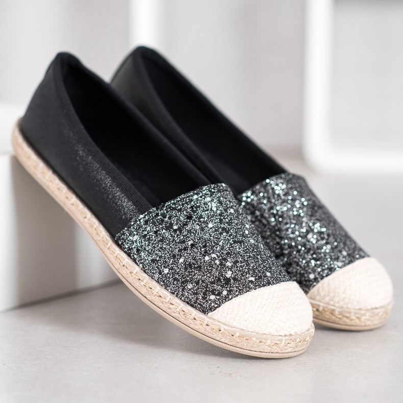 SHELOVET Svart Espadrilles med glitter 2