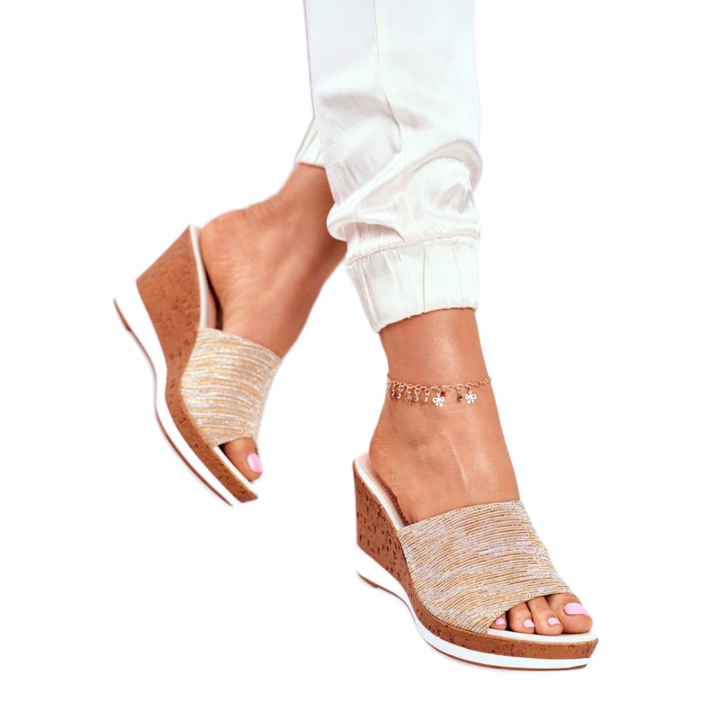 Dam Tofflor På Kil Sergio Leone Beige SK320 gyllene 4