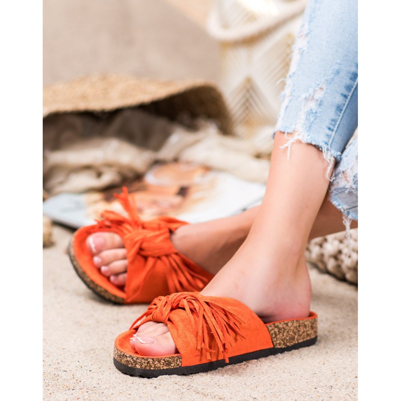 Bestelle Mocka tofflor med fransar orange 1