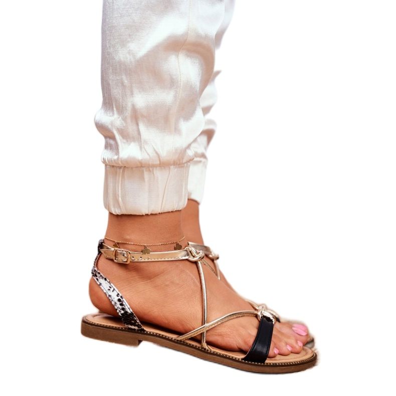 S.Barski Sandaler för kvinnor Flat Black and Gold Barski Samim svart gul 2