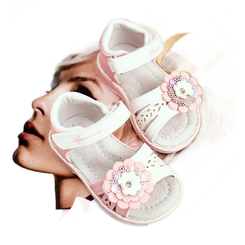 Apawwa Barnsandaler med kardborreblomma Rosa Mino vit 1