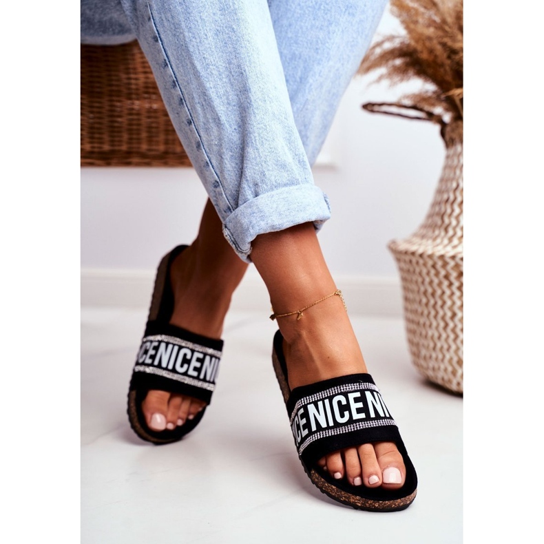 EVE Kvinnors svarta tofflor på kork med BeNice -strass 1