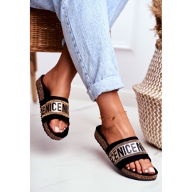 EVE Kvinnors svarta tofflor på kork BeNice guldstenar 2