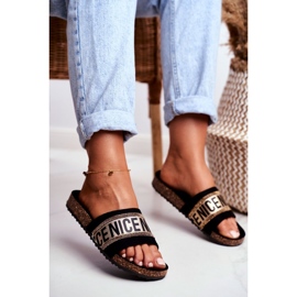 EVE Kvinnors svarta tofflor på kork BeNice guldstenar 1