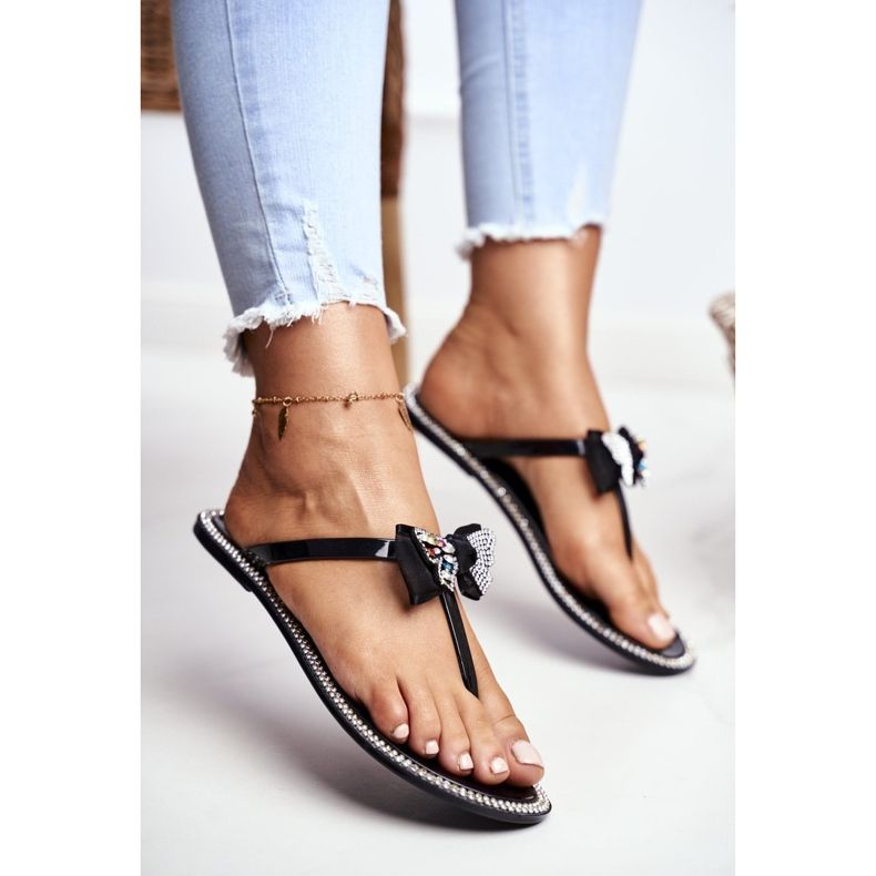 LU BOO Dam Tofflor i gummi Svart flip-flops Lissy Rhinestones 1