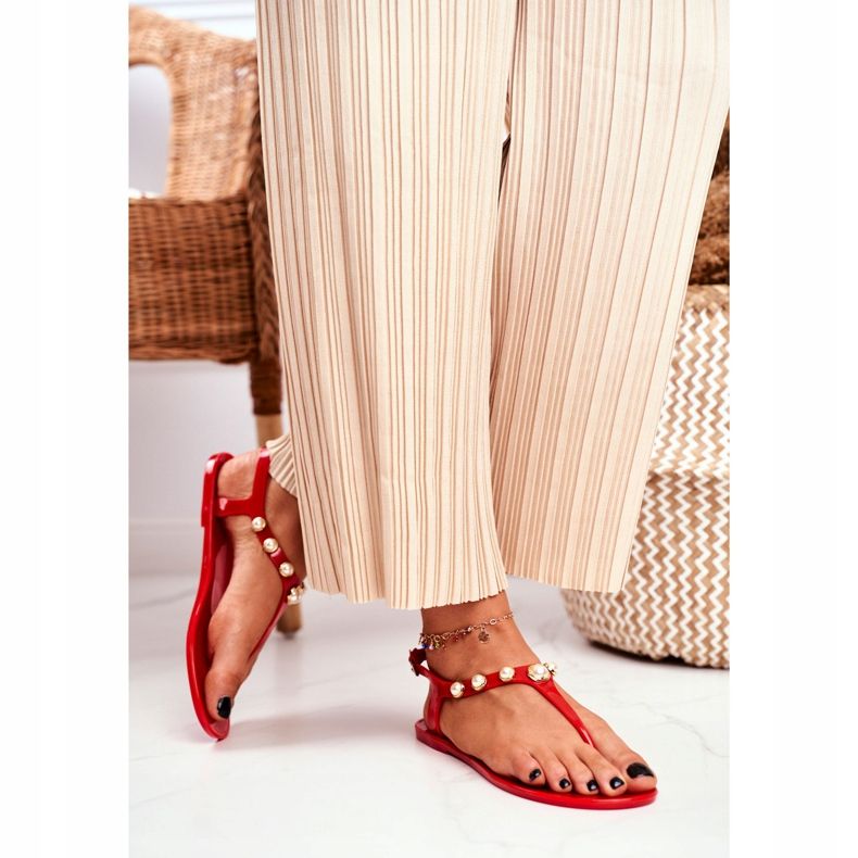 LU BOO Kvinnors gummisandaler röda flip-flops pärlor Denise 2