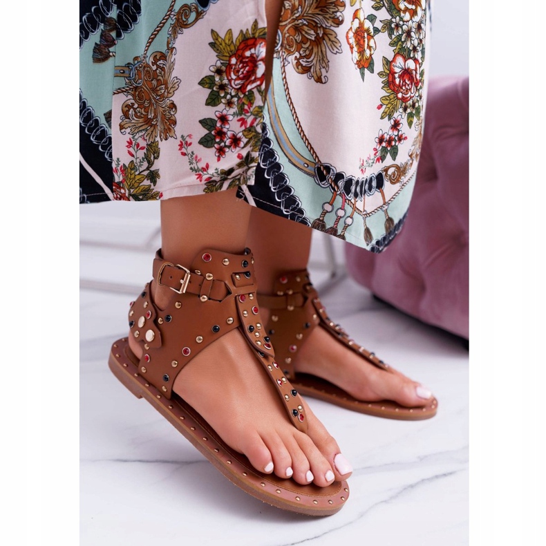 Lu Boo | Sandaler Flip-flops With Rhinestones Gladiator Ashley Camel brun 1