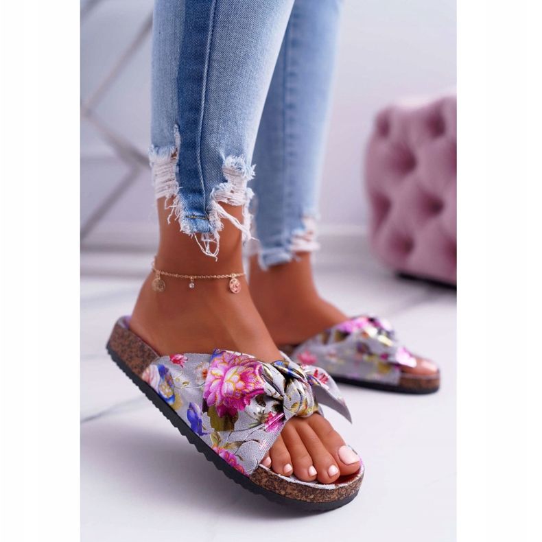 PS1 Kvinnors grå tofflor på korkblommor Wendy's Bow rosa 2