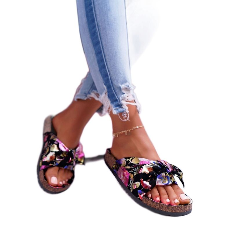 SEA Kvinnors svarta tofflor på korkblommor Wendy's Bow violett rosa gyllene 2