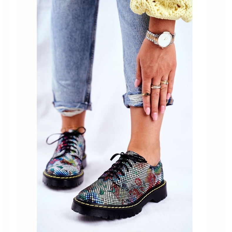 Kvinnors Brogues Oxfords läderblommor Maciejka 04087-43 svart mångfärgad 1
