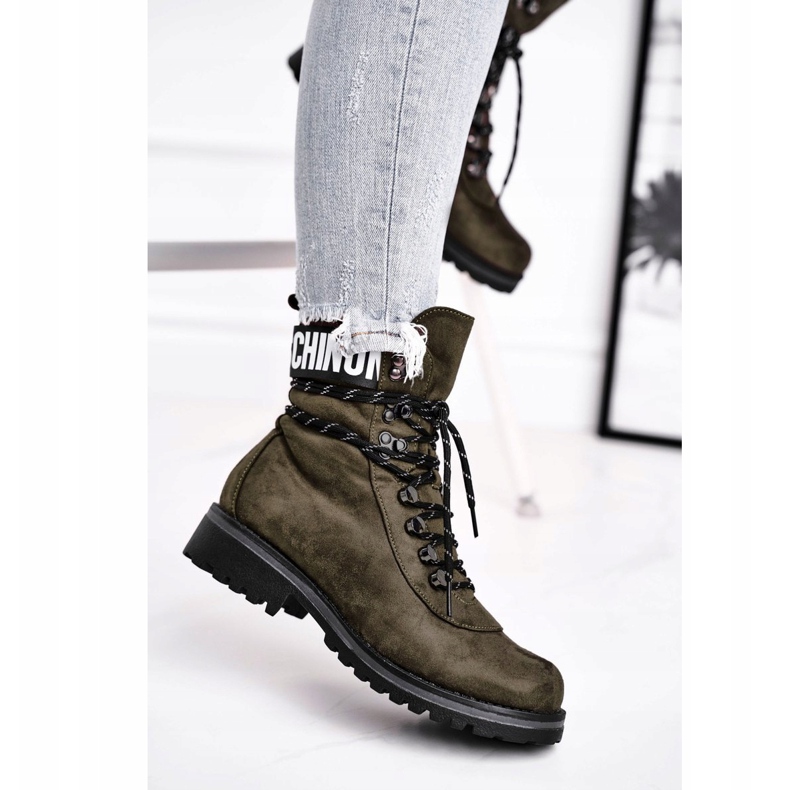 EVE Kvinnors stövlar på platt klack med en dragkedja grön Popsi 1