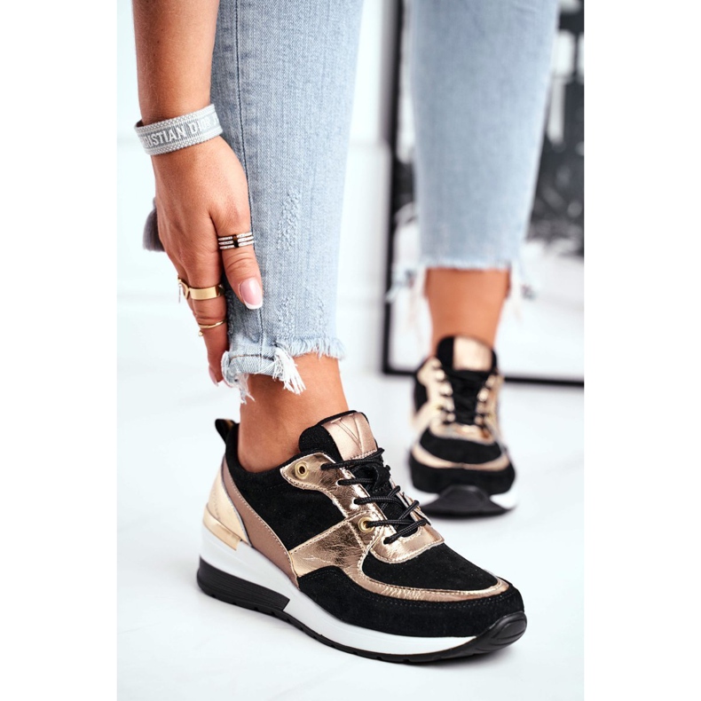 Vinceza Kvinnors sportskor läder svart och guld 21-7777 1