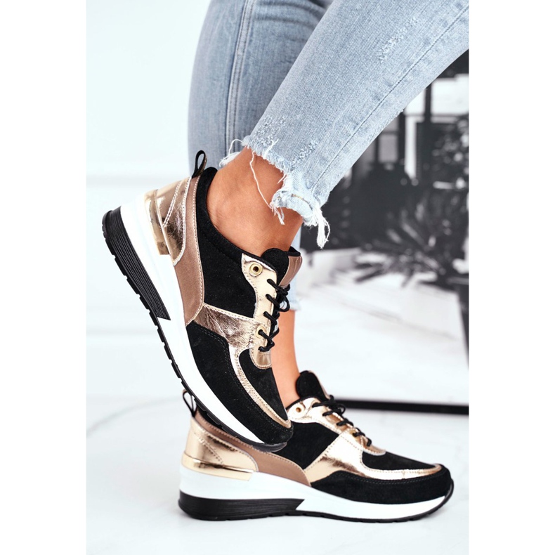 Vinceza Kvinnors sportskor läder svart och guld 21-7777 2