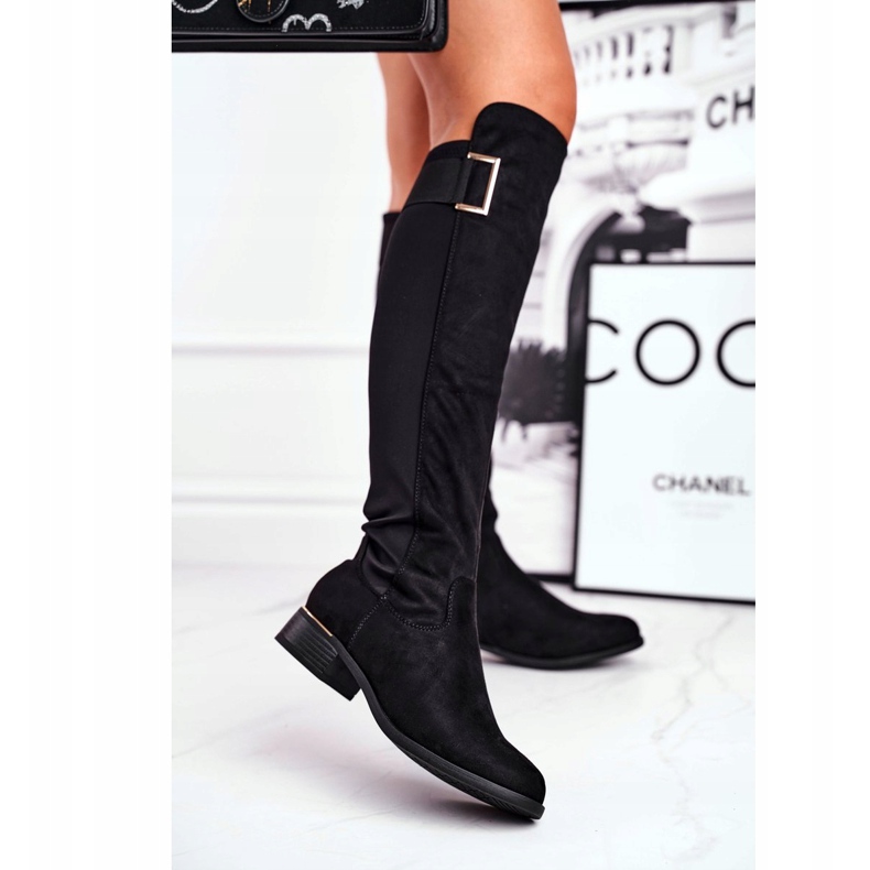 EVE Knähöga stövlar för kvinnor mocka / lycra svart Nash 1