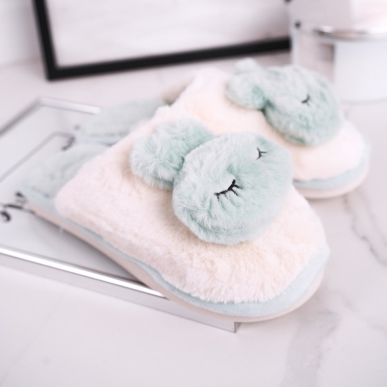 Dam päls tofflor ljusgrön kanin rosa 2