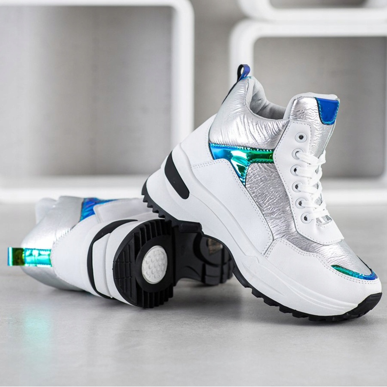 Ideal Shoes Höga sneakers i ekoläder vit silver- 2