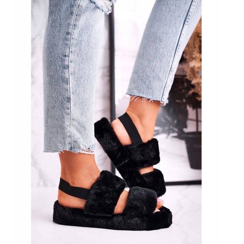 FJ1 Dam tofflor på plattformen päls svart bomullsgodis 2