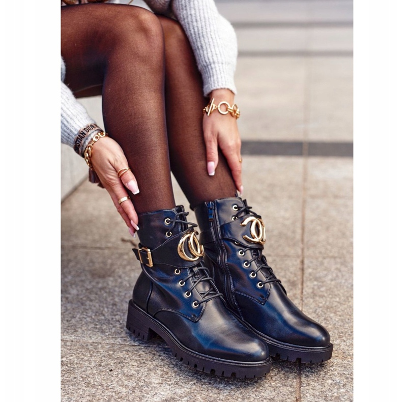 PS1 Damskor Stövlar med snörning Svart guld 2