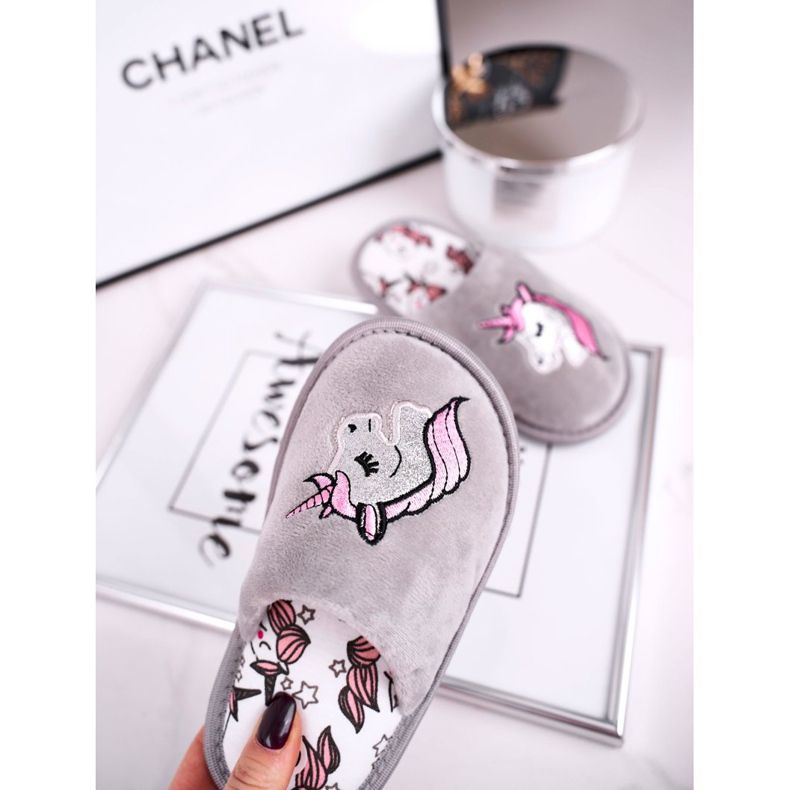 Barnens grå Unicorn tofflor med enhörning 2