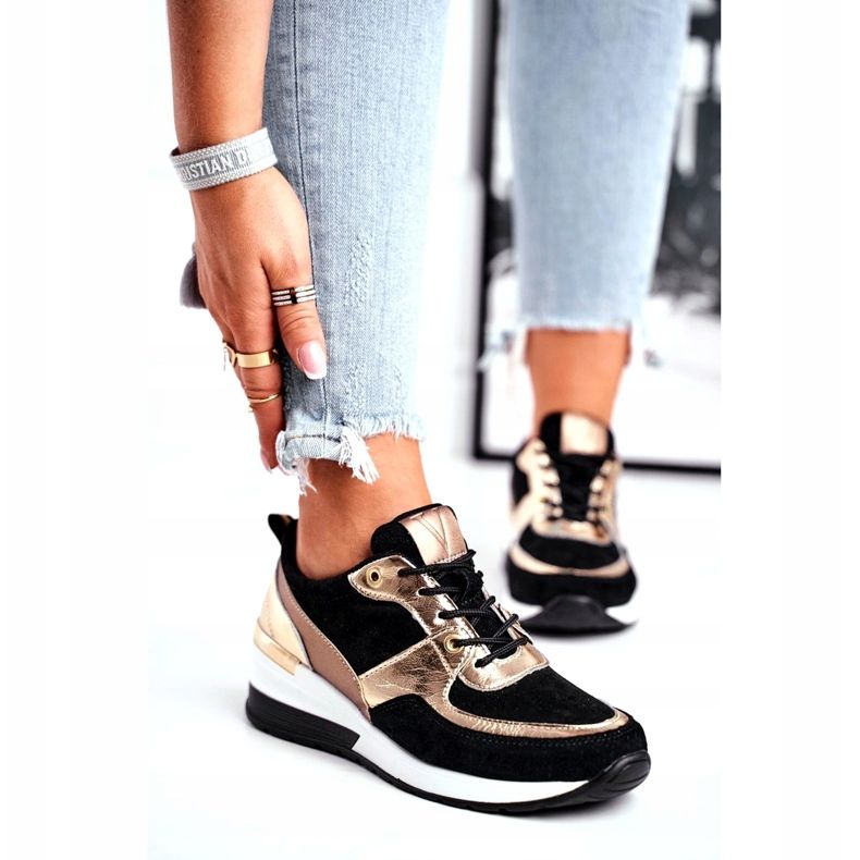 Vinceza Kvinnors sportskor läder svart och guld 21-7777 gyllene 1